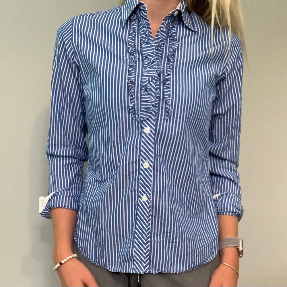 Lily Pulitzer Blue White Ruffle Button Down Shirt